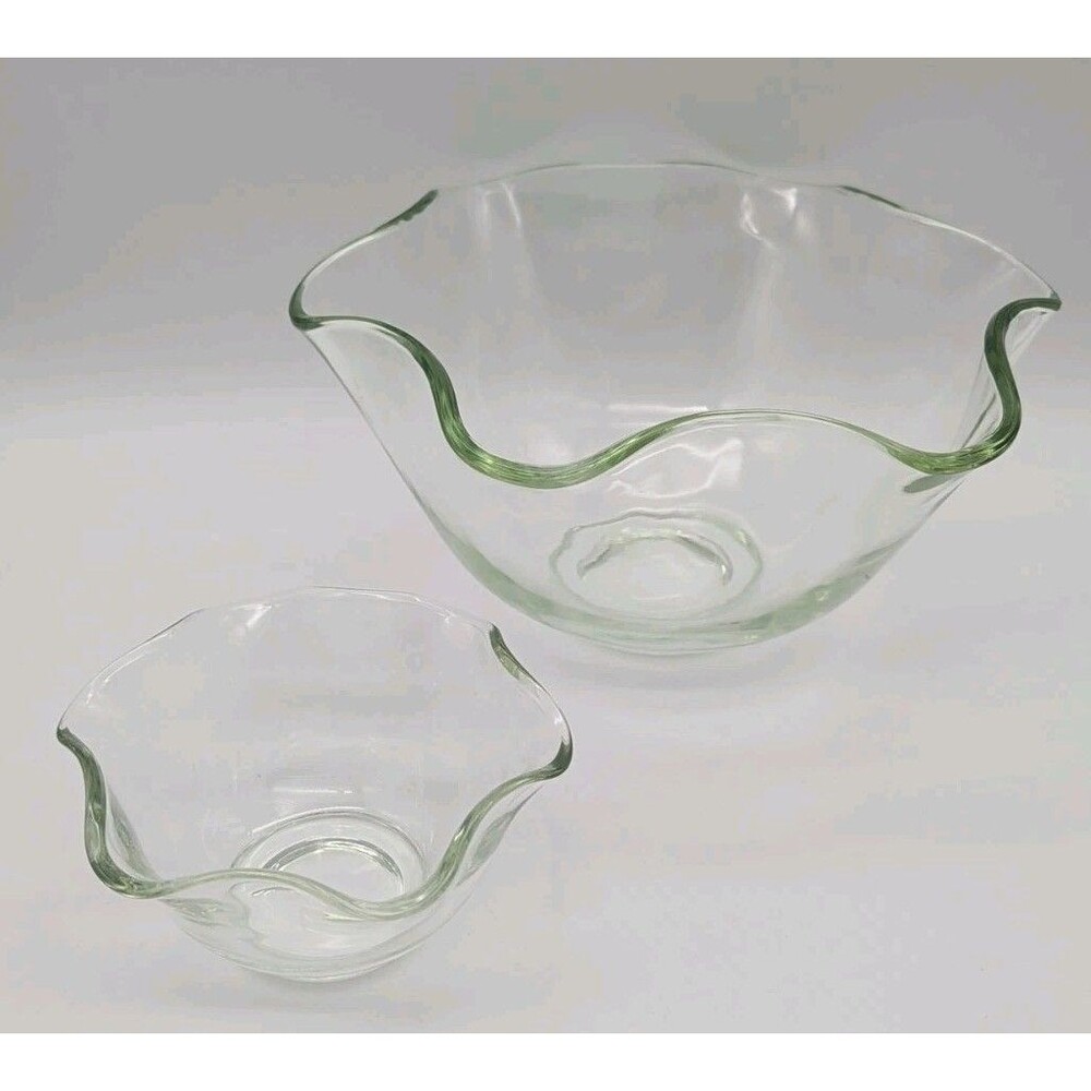 Vintage Large & Small Scalloped Edge Clear Heavy Glass Bowl Chip & Dip